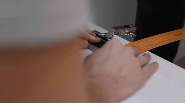 Experienced men preparing to install cabinet door hinges are adept at using specialized tools to take precise measurements, making them ideal for DIY projects, and various arts and crafts projects