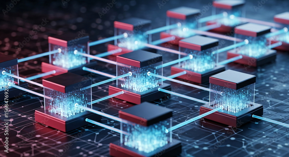 Poster blockchain network with interconnected nodes on a circuit board, representing cryptocurrency and dec