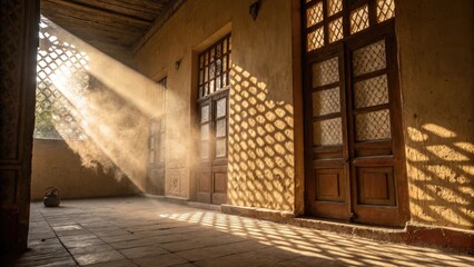 Sunlight streams through the lattice window