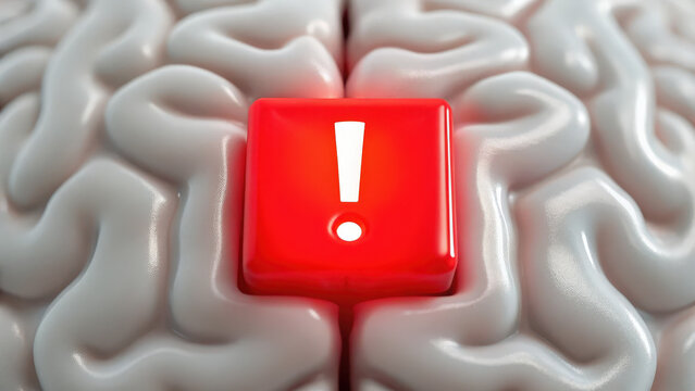 Brain stroke scan brain scan reveals striking red alert symbol, emphasizing importance of recognizing stroke symptoms