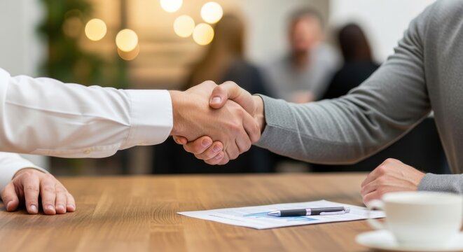 Businessmen shake hands over a deal at a conference table