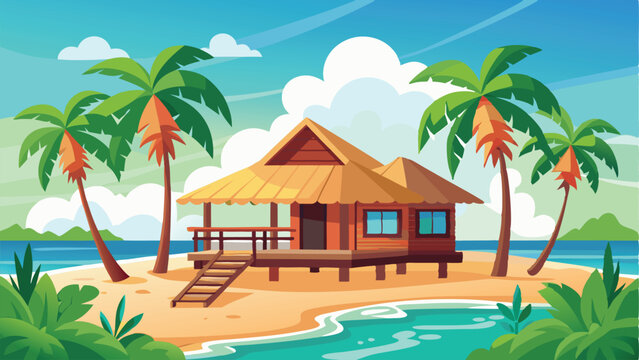 Tropical Beach Hut with Palm Trees and Blue Water Cartoon Illustration