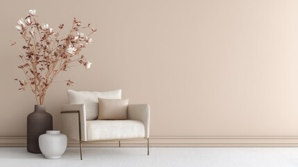 Modern beige armchair beside dark and light ceramic vases with magnolia branches against a neutral wall, ideal for minimalist interior design and product presentation mockups