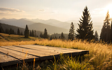 Rustic Wooden Platform Overlooking Majestic Mountain Range at Sunset