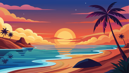 Colorful Tropical Sunset Vector Illustration with Palm Trees, Beach, and Ocean View
