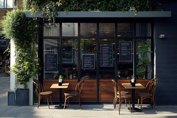 Charming cafe exterior with lush greenery and inviting outdoor seating offers a relaxing urban escape on a bright sunny day.