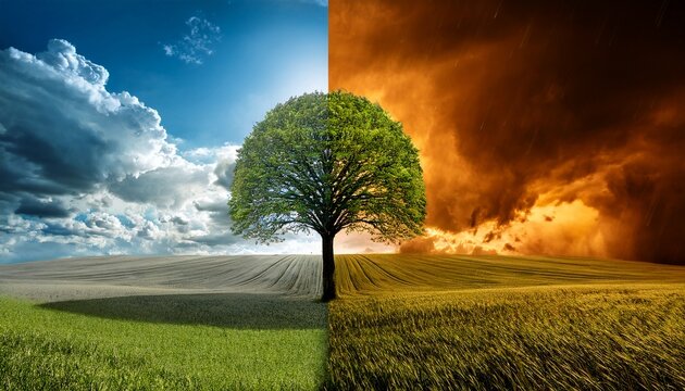 a contrast between sunny and stormy weather highlighting a tree that signifies life showing how the weather affect environment