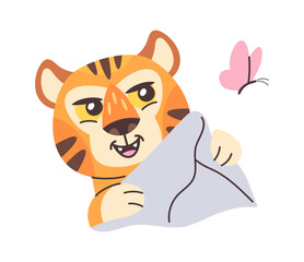 Cute tiger character catching butterfly