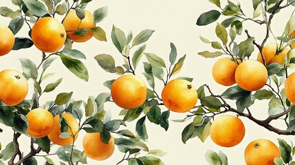 Beautiful watercolor illustration of orange trees with vibrant fruits and lush green leaves, creating a fresh and inviting atmosphere.