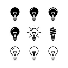 Naklejka premium Nine Minimalist Lightbulb Icons Set Transparent Background Simple Silhouettes Vector Graphic