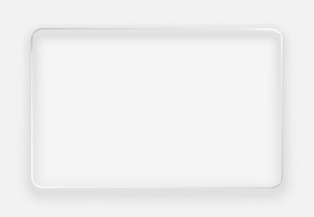 Vector liquid glass frame, rectangular shape with rounded corners, isolated on a light gray background, for mock up