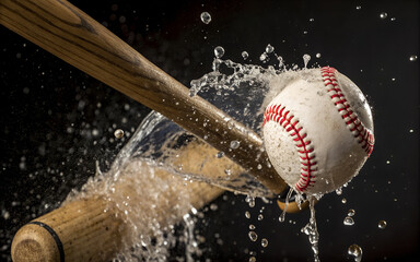 Dynamic Close-Up Baseball Bat Striking Ball in Water Splash