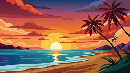 Colorful Vector Scene of Beach at Sunset with Palm Trees and Clouds