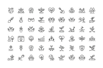 Collection of Line Art Icons Representing Ecology Growth and Environmentalism
