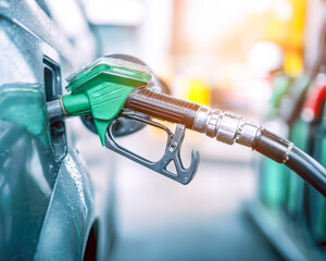 Fueling a vehicle at a gas station with warm sunlight illuminating the scene