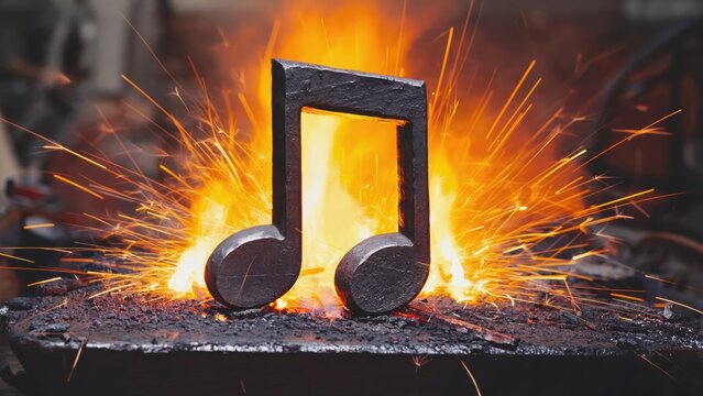 Fiery musical note sculpture amidst glowing sparks at blacksmith forge - Powered by Adobe