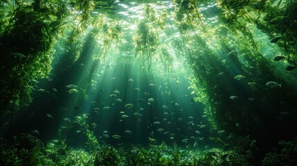 Obraz premium Sunlight streams through underwater vegetation, illuminating a school of fish.
