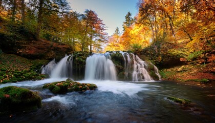 Obraz premium serene waterfall cascading in enchanted forest nature photography autumn glow captivating landscape