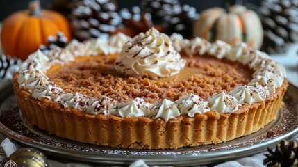 Pumpkin tart with whipped cream and fall decor on a silver tray