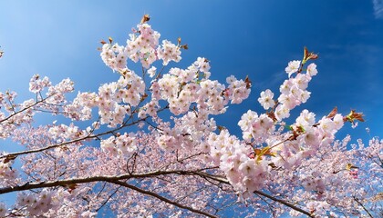 cherry blossoms bloom against a clear blue sky in spring