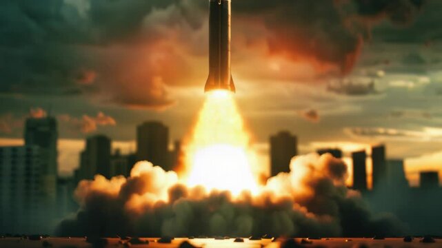 Astronautic launch event with urban landscape, great for futuristic or technological concepts