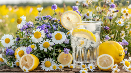 Refreshing lemonade with wildflower bouquet and lemons in a sunny summer setting