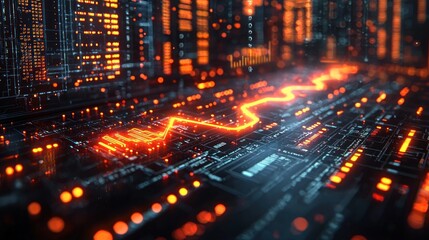 Abstract circuit board design with glowing orange path.
