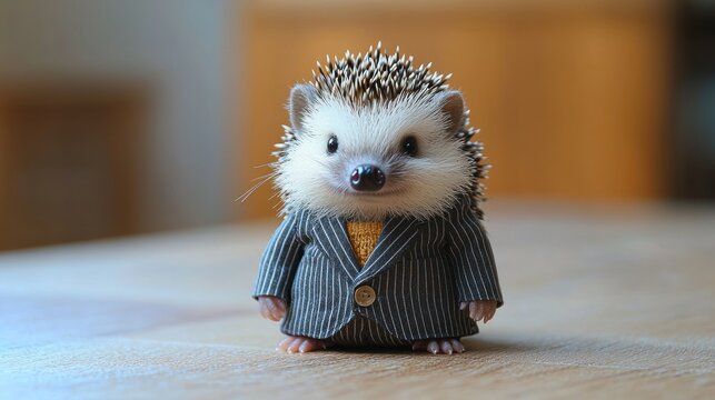 A tiny hedgehog wearing a pinstriped suit.