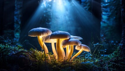 luminescent mushrooms glowing in the dark forest at night under mysterious light beams