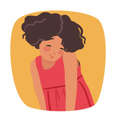 Shy girl child cartoon character with red cheeks and charming smile on face bubble portrait