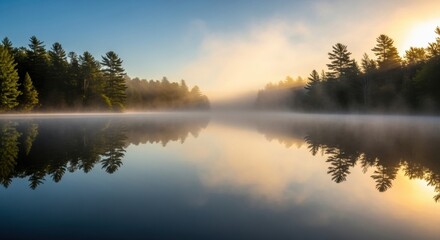 Obraz premium Tranquil sunrise over misty forest lake with reflective waters