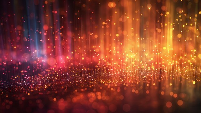 Abstract glowing light display. Red, orange, blue streaks with glittering bokeh particles and blurred background - Powered by Adobe