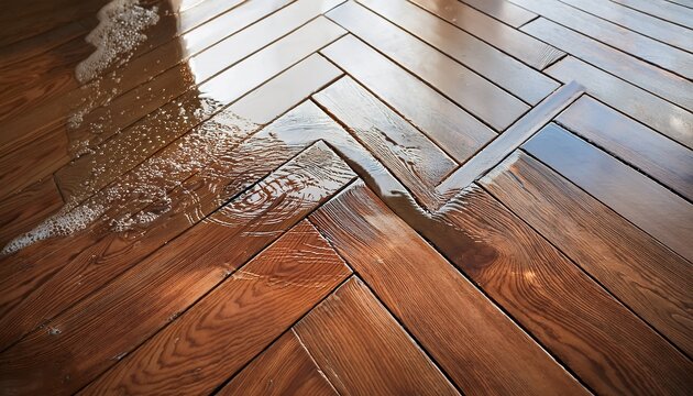 wood parquet floor inundated from water leak
