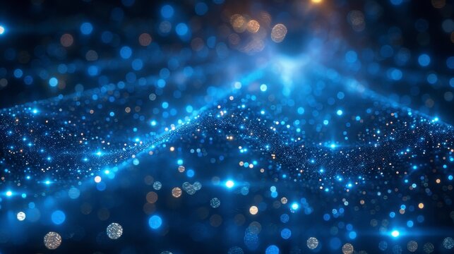 Glowing blue and gold particles form a wavy surface with blurry bokeh