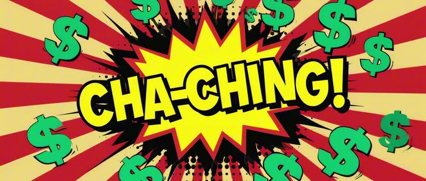 2:35:1 A comic book explosion with bold &ldquo;CHA-CHING!&rdquo; text, $ signs flying out in every direction, halftone texture, red and yellow pop art background