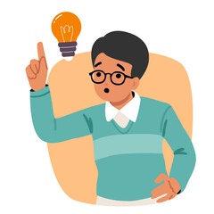 Nerd boy child cartoon character showcasing creative genius idea feeling inspired and motivated
