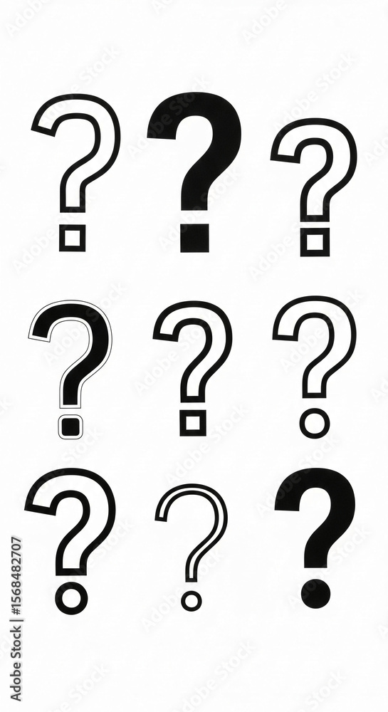 Poster nine question marks, varying styles, arranged in grid, symbolizing inquiry, uncertainty, or faq conc