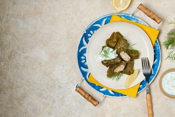 Dolma in grape leaves with minced meat, rice and spices on a light plate on a round tray on a light...