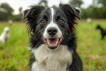 Close-up of a smiling black and white border collie in a grassy field