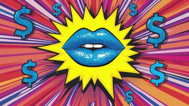 Money talks: Pop art lips with floating $ signs, neon pink, royal blue and yellow color palette