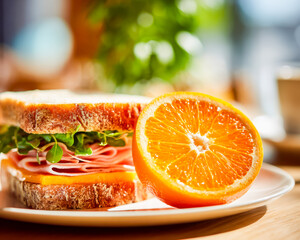 Freshly prepared sandwich with a half orange on a plate