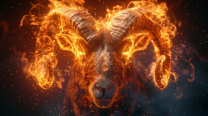 Ram head, with long curved horns, engulfed in fiery flames, sparks flying against a dark, smoky background
