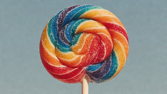  A close-up of a vibrant lollipop on a stick against a blue sky background