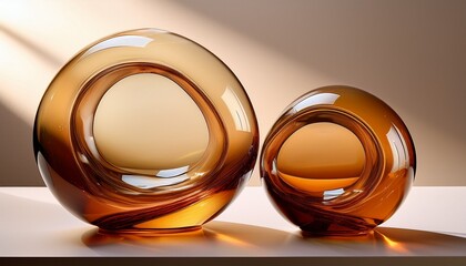 two abstract glass sculptures in warm amber tones rest on a pale background illuminated by soft light creating dynamic shadows and highlighting their unique forms