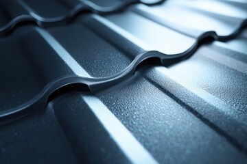 Close-up of textured metal roofing panels with water droplets