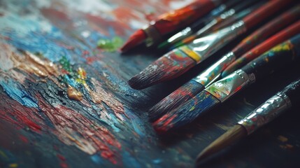 Fototapeta premium Brushes and acrylic paints are spread out on a dark wood table, ready for painting. It's an artist's workspace, perfect for creating art. There's room to add your own ideas. 