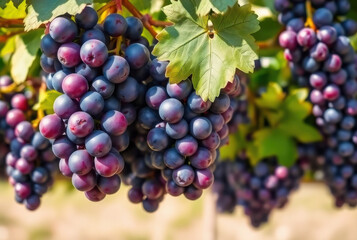 Fototapeta premium Ripe purple grapes hanging on vine in vineyard sunlight