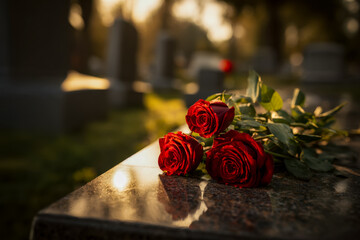 Red roses resting on a gravestone in a tranquil cemetery during sunset
