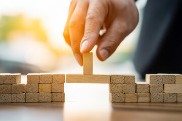 Building resilience: a hand placing a wooden block to bridge gaps in a tower of bricks