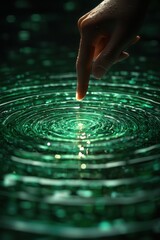 Hand Touching Rippling Water Illuminated by Mystical Radiant Light